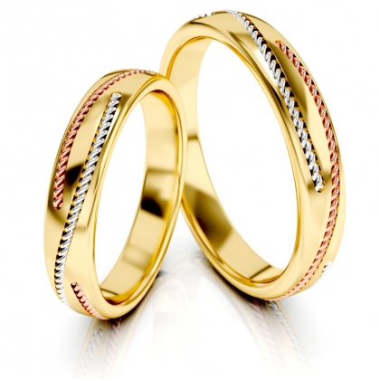Trzykolorowe złote zdobione obrączki ślubne z motywem liny próby 585